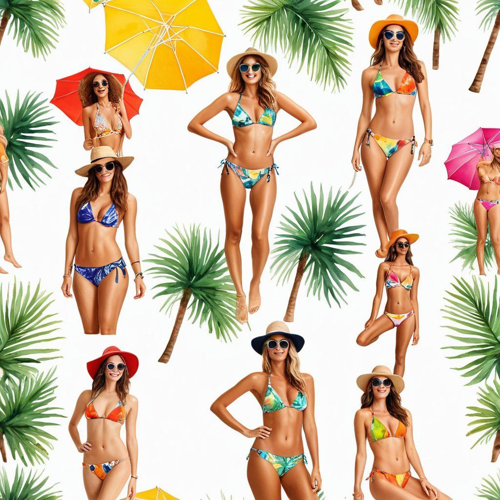 A vibrant beach scene showcasing diverse models wearing trendy bikinis in various styles, from high-waisted to sports to cut-out designs, basking in the sun with palm trees and colorful beach umbrellas in the background. Include playful beach accessories like hats and sunglasses, with splashes of ocean waves nearby. The models' expressions should radiate joy and confidence, capturing the essence of summer fun. watercolor painting. bright colors. white background.