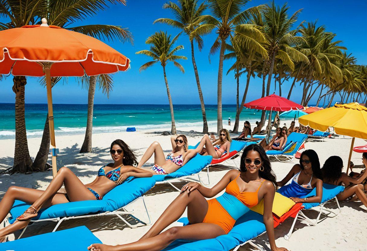 A vibrant beach scene showcasing diverse swimwear trends, with models of various body types wearing stylish swimsuits. Include colorful beach umbrellas, sun loungers, and palm trees in the background, complemented by a clear blue sky and sparkling ocean waves. Capture the essence of summer adventure and chic fashion. super-realistic. vibrant colors. airy atmosphere.